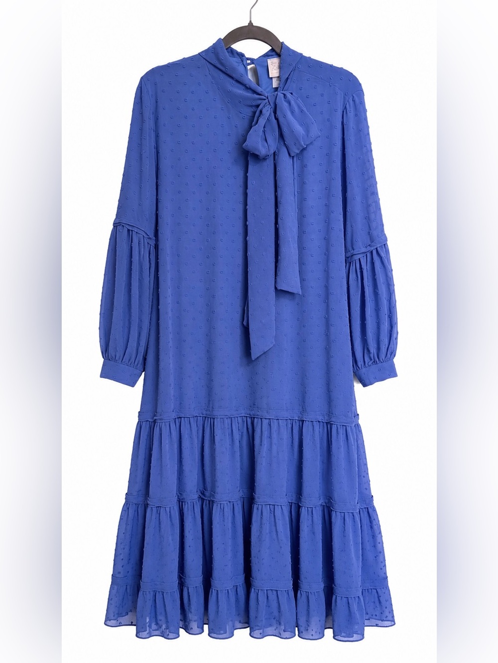 Zadie B’s Size 2X Modest Blue Swiss Dot Tiered Midi Dress Bow Neck Plus Size